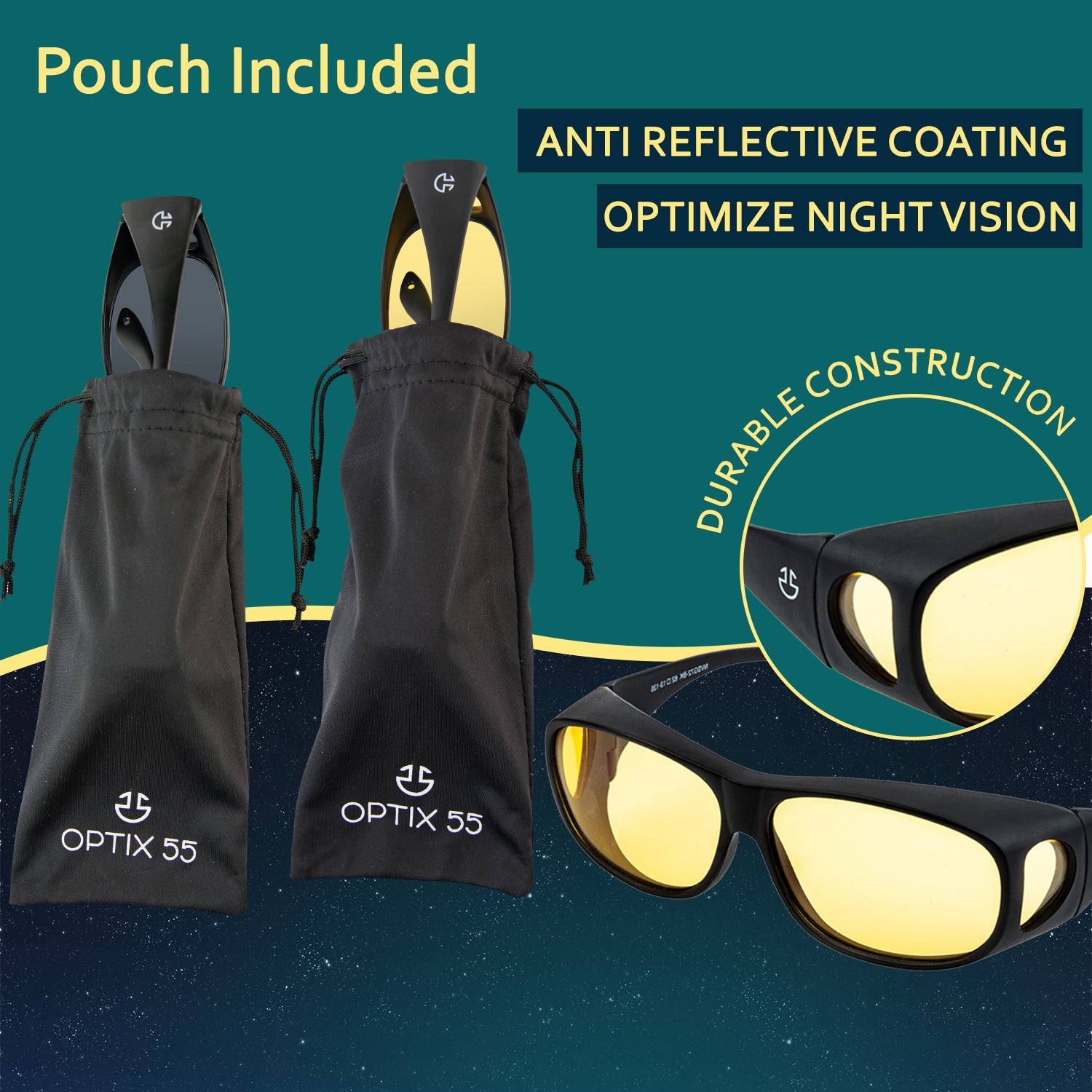 Optix 55 Fit Over Hd Day/night Driving Glasses Wraparound Sunglasses For Men,women - Anti Glare Polarized Wraparounds