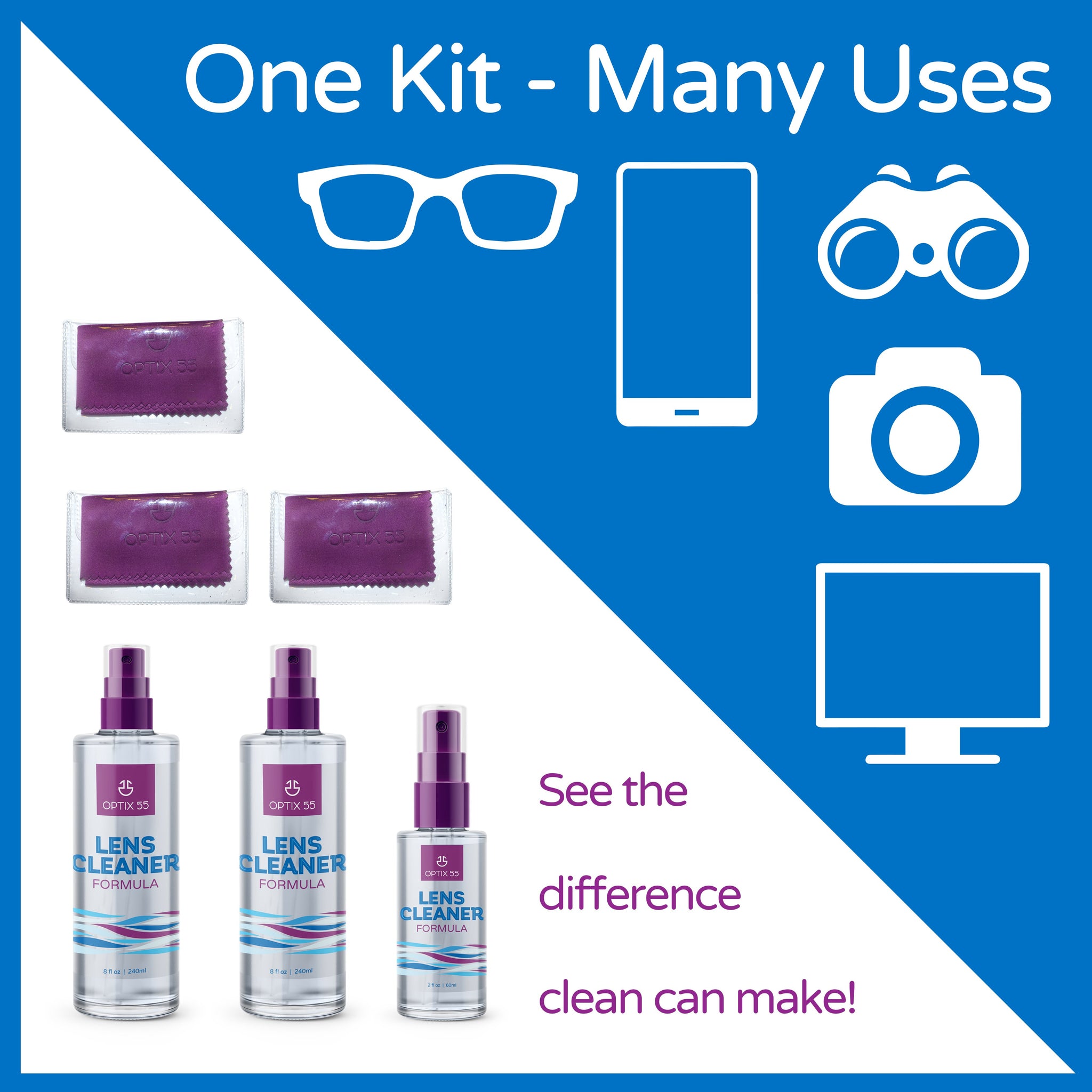 Care Touch Eyeglass Cleaner Spray Kit, Alcohol-Free Glasses Spray Cleaner  Solution for All Lenses, 16oz (8oz x 2) & 2oz - Lens Cleaner Spray - Eye
